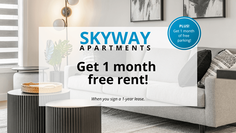 A living room with a couch and a coffee table is shown with an advertisement for SKYWAY APARTMENTS offering a free month of rent with a 1-year lease.
