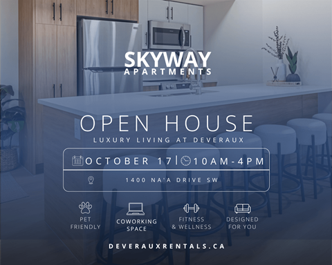 An advertisement for Skyway Apartments showcasing their open house event.
