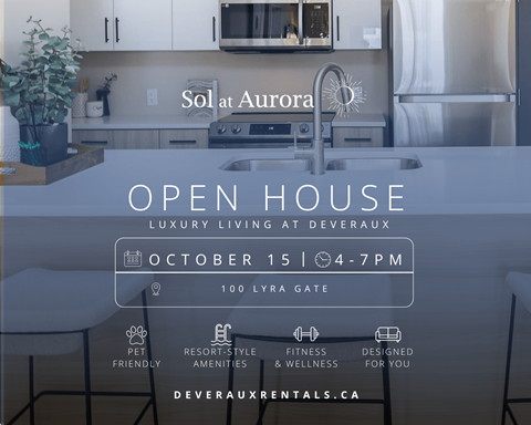 An advertisement for an open house at Sol at Aurora, a luxury living community at Deveraux, on October 15 from 4-7 PM.