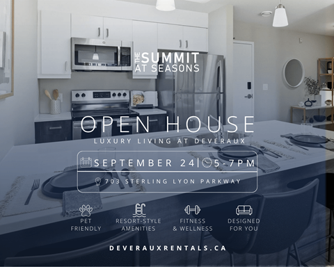 A modern kitchen with a sign that reads "The Summit at Seasons Open House".