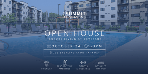 A poster advertises an open house for luxury living at Deveraux on October 24 from 1-3 PM.