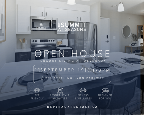 A modern kitchen with a sign that reads "The Summit at Seasons Open House".