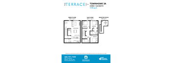 A floor plan for a 3 bedroom, 2.5 bathroom townhome.