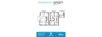 A floor plan for a 3 bedroom, 2.5 bathroom townhouse with a total area of 1203 sq.ft.
