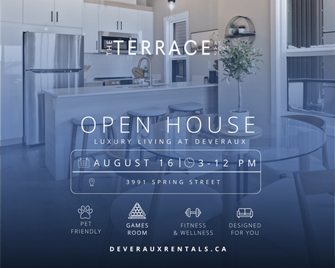 A poster advertises an open house for luxury living at Deveraux on August 16th from 3-12 PM.