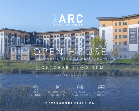 An advertisement for The ARC at Emerald Hills, a luxury living community, is promoting an open house event.