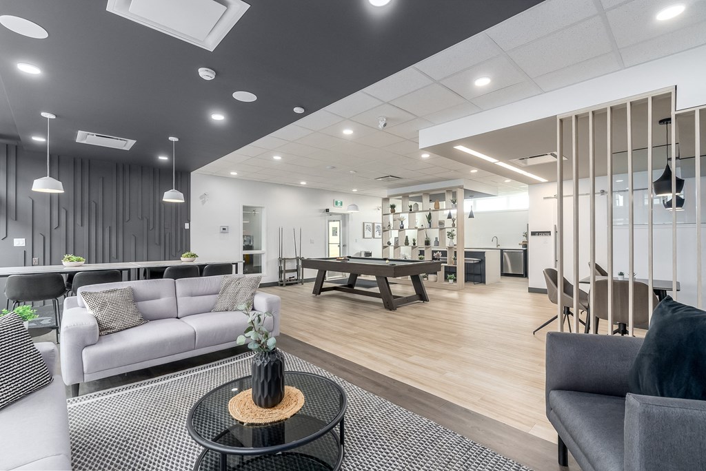 A modern living room with a grey sofa and a black coffee table.