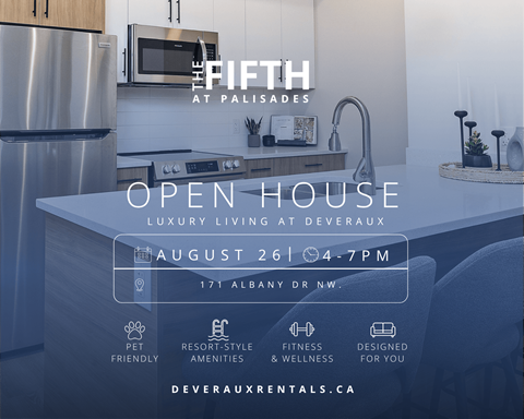 A poster advertises an open house at The Fifth at Palisades, a luxury living space at Deveraux.
