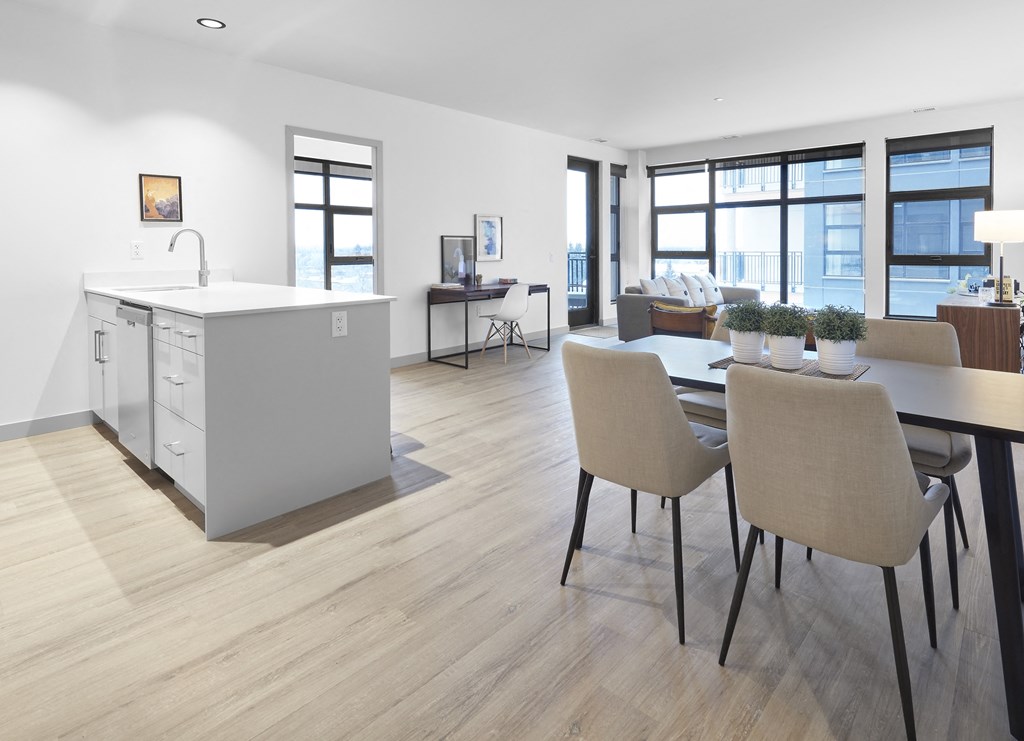 wide shot of kitchen and dining area.at Raymond Block, Edmonton, AB T6E 3R7