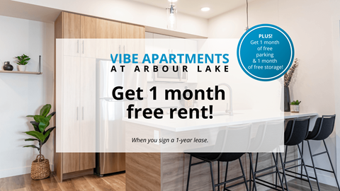 A promotional image for Vibe Apartments at Arbour Lake offering a free month of rent with a 1-year lease.