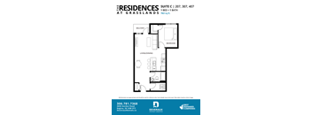 a floor plan of a 1 bedroom unit at the residences at grasslands