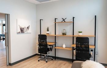A room with two chairs and a shelf with three plants on it.