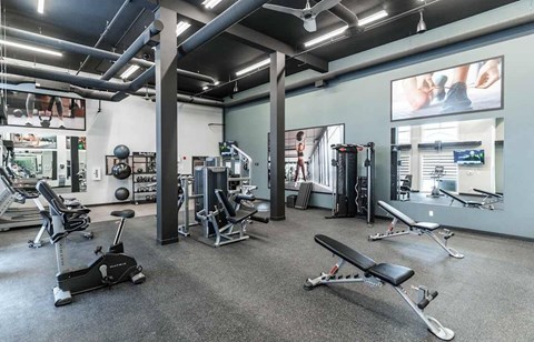 Modern fitness center with exercise equipment at Mac and Mullen Apartments, Edmonton, Alberta