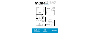 A black and white image of a floor plan for a 1 bedroom suite at Deveraux Heights.