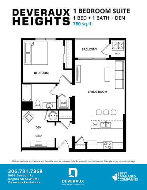 A black and white image of a floor plan for a 1 bedroom suite at Deveraux Heights.