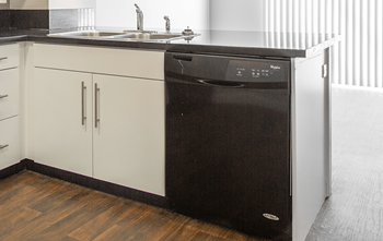 A black dishwasher is in a kitchen with white cabinets.