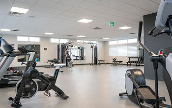A gym with treadmills, elliptical machines, and other exercise equipment.