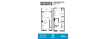 A black and white floor plan for a 1 bedroom loft at Deveraux Heights.