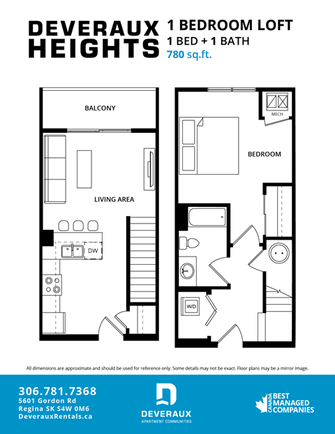 A black and white floor plan for a 1 bedroom loft at Deveraux Heights.