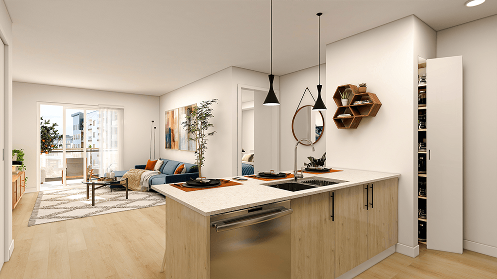 a kitchen and living room in an apartment