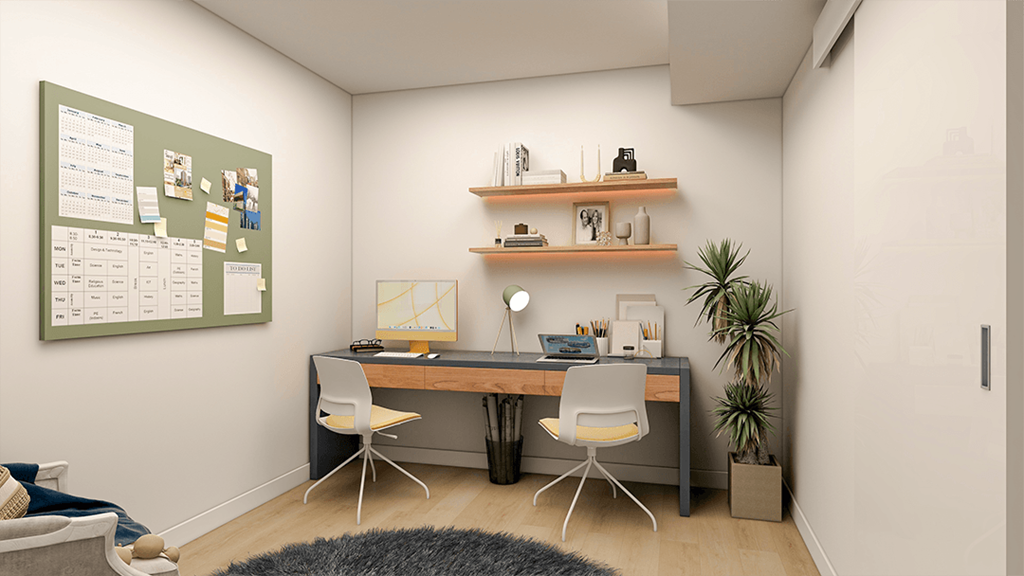 a home office with a desk and two chairs