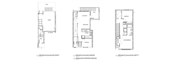 Three floor plans of a house with labeled rooms.