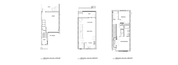 Three floor plans for a building with elevator and stairs.
