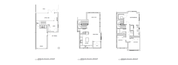 Three floor plans of a house with labeled rooms.