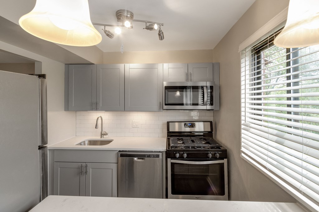 kitchen with gray cabinets at Flats of Forestville, Forestville, Maryland