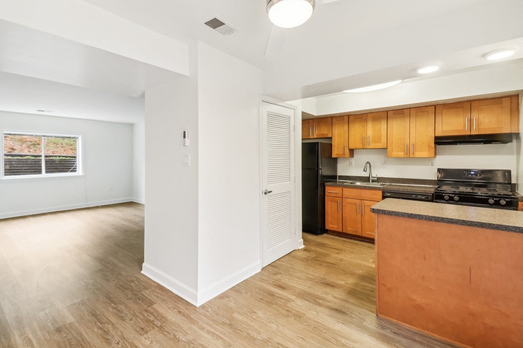 a kitchen with a counter top and a wall with different shapes on it at Oaks at Oxon Hill, Oxon Hill, Maryland