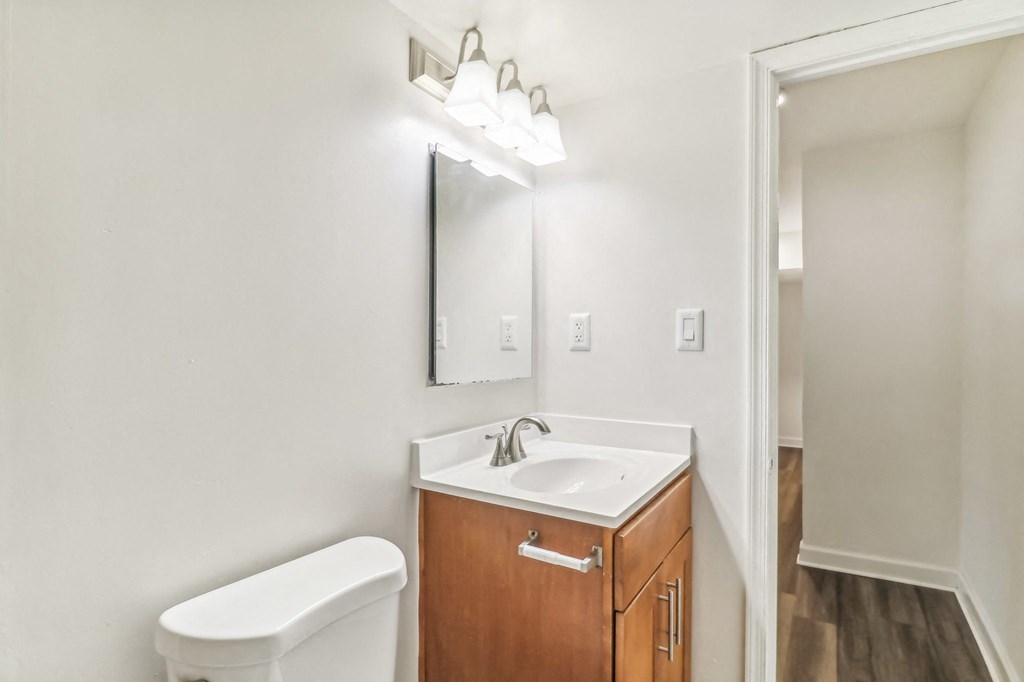 a bathroom with a sink and a mirror and a toilet at Oaks at Oxon Hill, Oxon Hill, Maryland