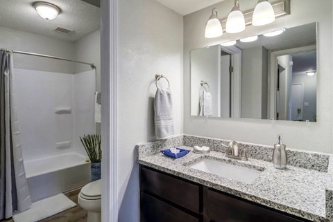 A bathroom with a marble countertop and a large mirror at The Onyx Hoover Apartments, Hoover, 35216
