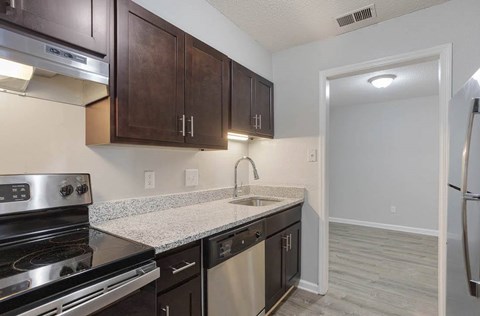 A kitchen with dark brown cabinets and stainless steel appliances at The Onyx Hoover Apartments, Hoover, Alabama