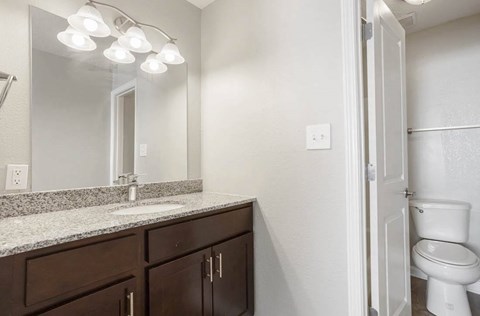 A bathroom with a white toilet and a vanity with a granite counter at The Onyx Hoover Apartments, Hoover, 35216