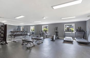 A spacious gym with a variety of equipment including treadmills, weights, and benches at The Onyx Hoover Apartments, Hoover, 35216