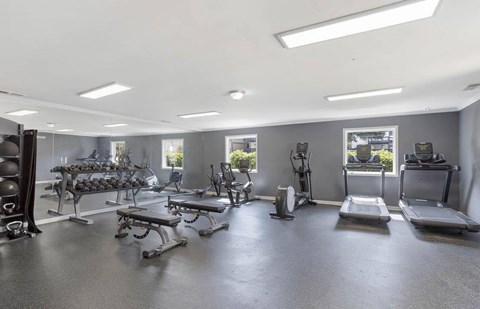 A spacious gym with a variety of equipment including treadmills, weights, and benches. at The Onyx Hoover Apartments, Hoover