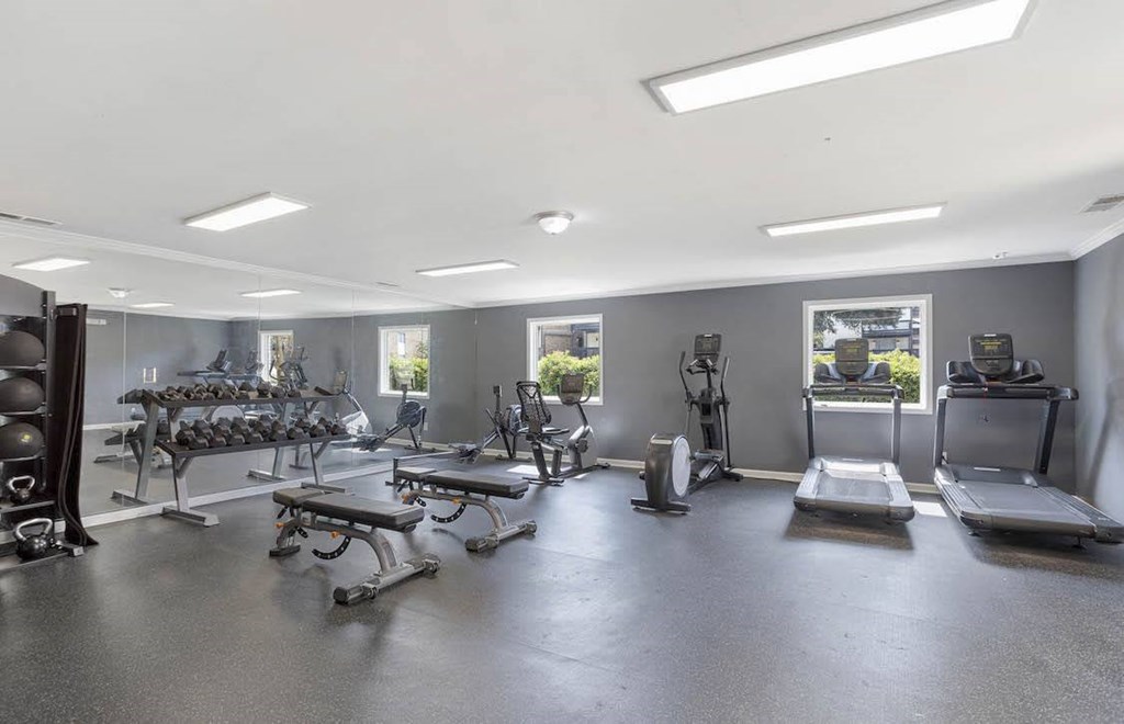 A spacious gym with a variety of equipment including treadmills, weights, and benches. A spacious gym with a variety of equipment including treadmills, weights, and benches. at The Onyx Hoover Apartments, Hoover