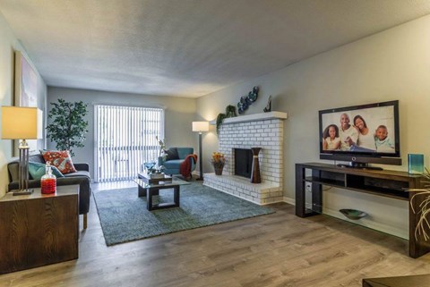 A living room with a fireplace and a television at The Onyx Hoover Apartments, Hoover, Alabama