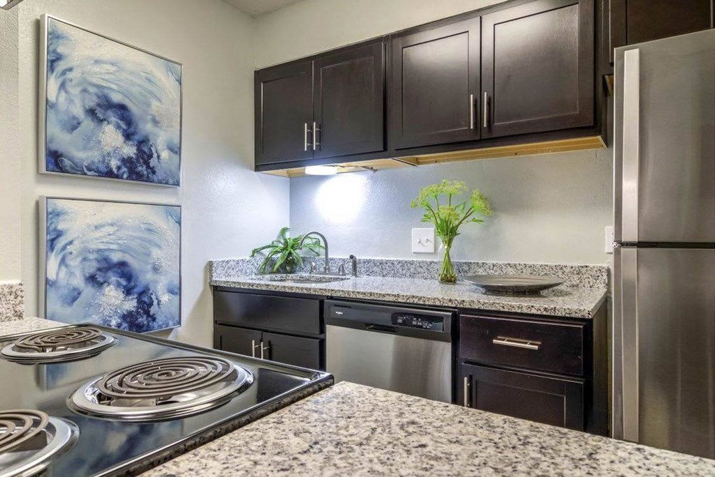 A kitchen with a stove top oven and a refrigerator. A kitchen with a stove top oven and a refrigerator at The Onyx Hoover Apartments, Hoover, Alabama