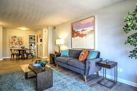 A living room with a grey couch, a coffee table, and a painting on the wall at The Onyx Hoover Apartments, Hoover, 35216