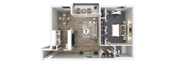a 1 bedroom floor plan with a bathroom and a living room at Andrews Ridge Apartments, Suitland, MD