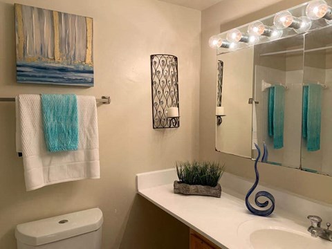 a bathroom with a toilet sink and mirror at The Glendale Residence, Lanham