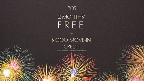 A firework display with text overlay offering a free 2 months and $1000 move-in credit.