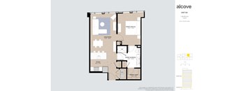 A floor plan of a unit at Alcove showing a kitchen, living room, and two bedrooms.