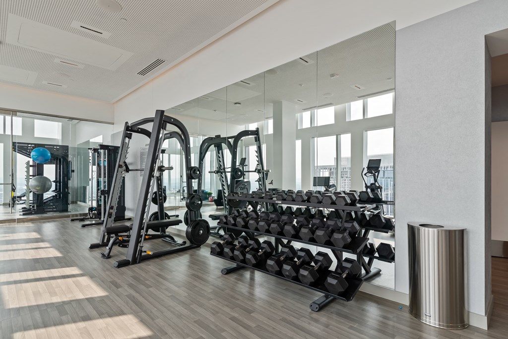 a generously sized gym with weights on the floor and a wall of windows