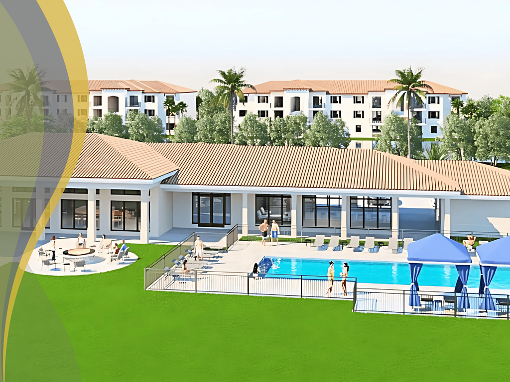 a rendering of a building with a swimming pool