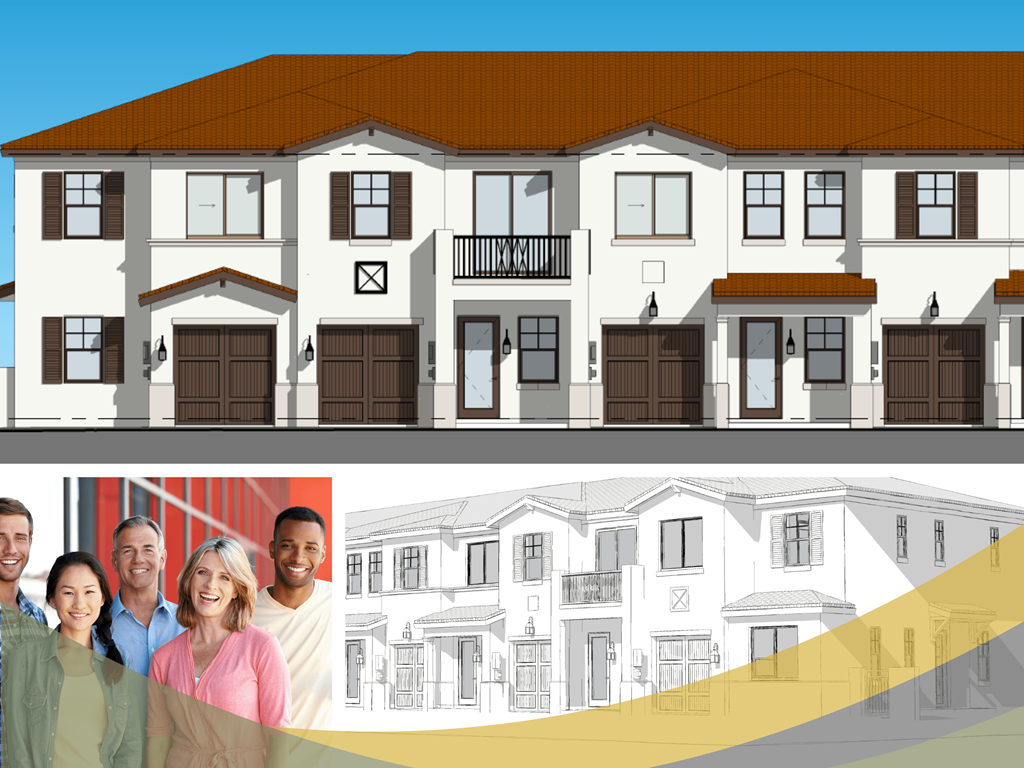 a rendering of a house with a family in front of it