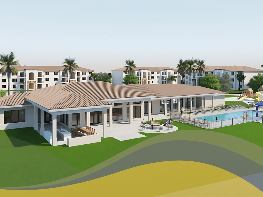 a rendering of the pool and clubhouse at the resort