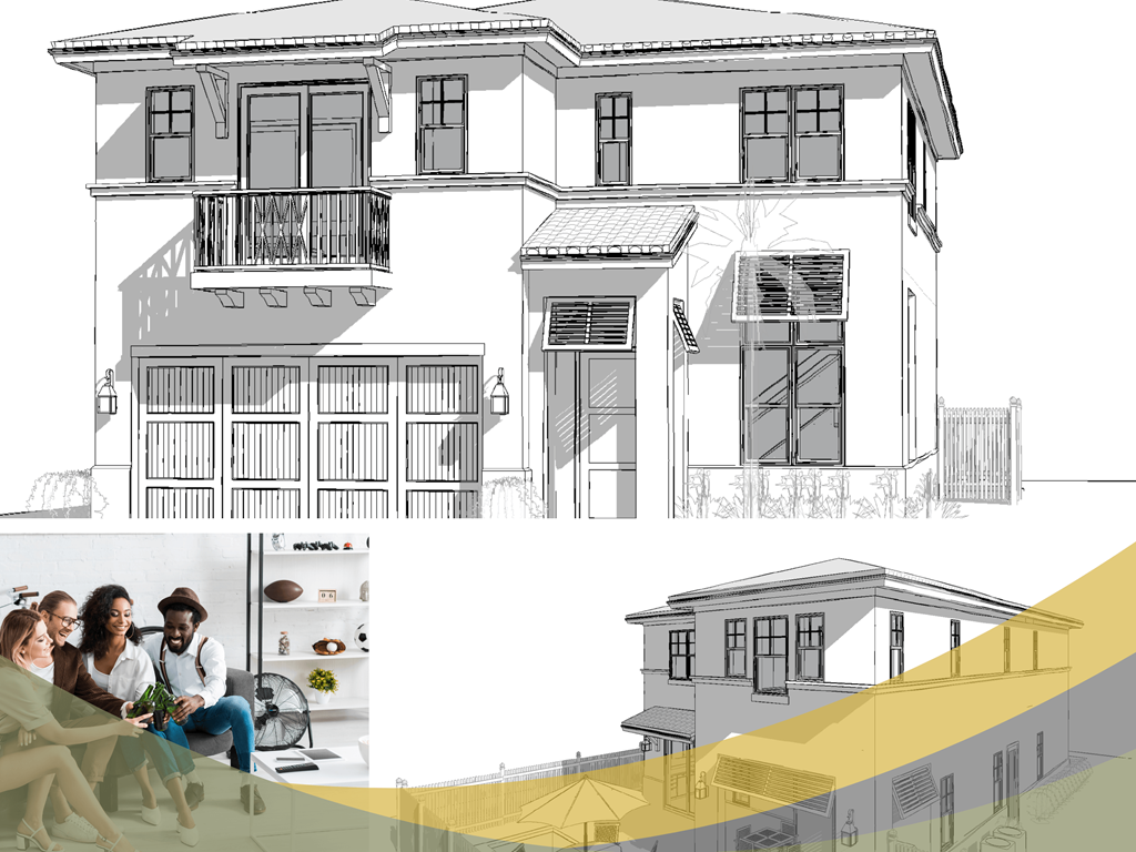 a rendering of a house and a family sitting in front of it