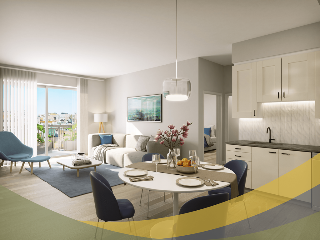 a rendering of a living room and kitchen in an apartment